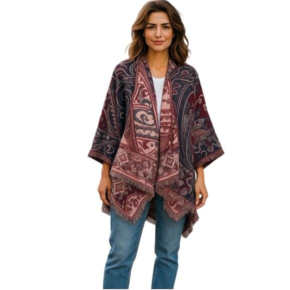 Marc New York Andrew Marc Paisley Wine Poncho Wrap Leather tie Tassels One Size - Picture 11 of 12